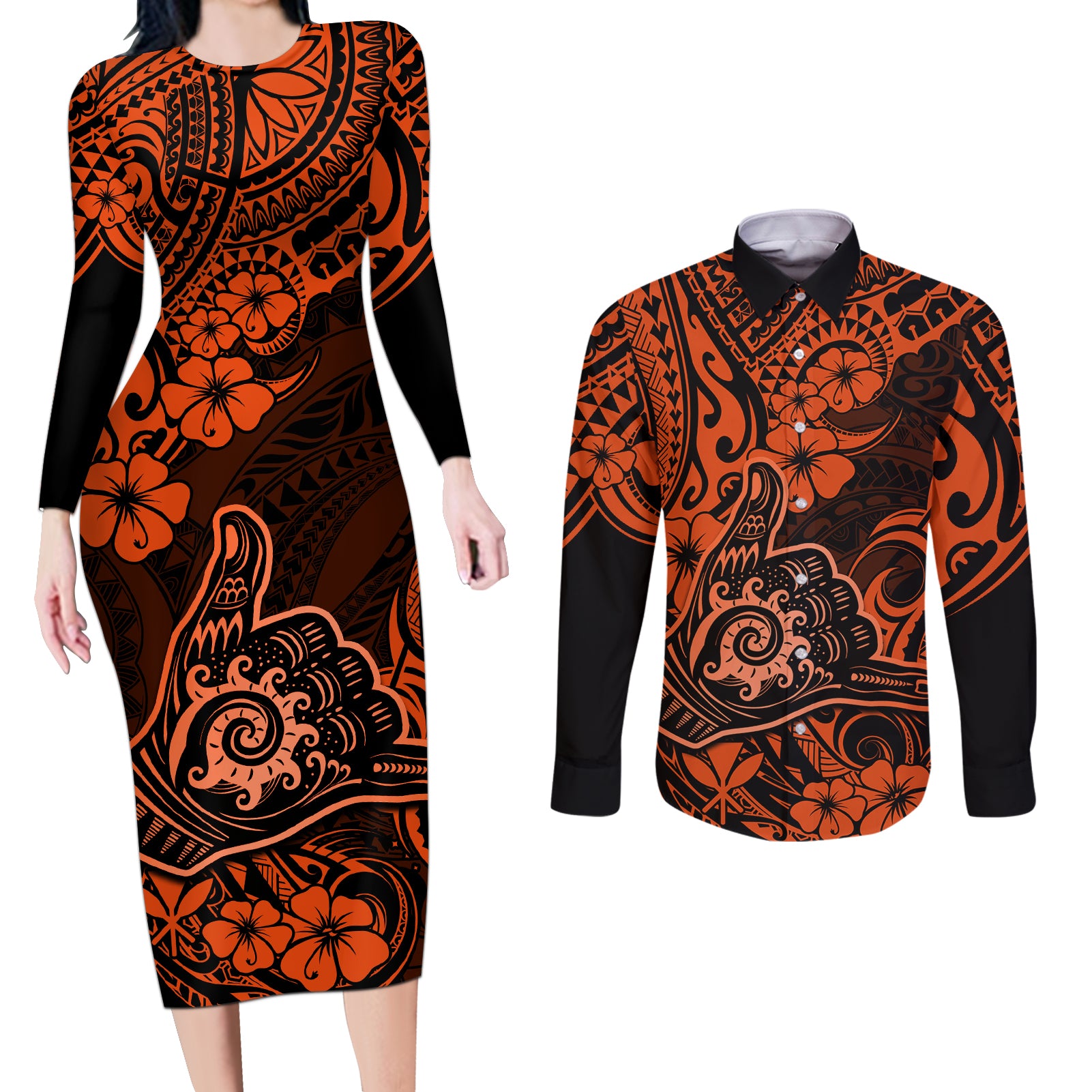 Hawaii Shaka Sign Couples Matching Long Sleeve Bodycon Dress and Long Sleeve Button Shirts With Polynesian Hibiscus Orange Unique - Wonder Print Shop