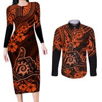 Hawaii Shaka Sign Couples Matching Long Sleeve Bodycon Dress and Long Sleeve Button Shirts With Polynesian Hibiscus Orange Unique - Wonder Print Shop