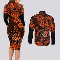 Hawaii Shaka Sign Couples Matching Long Sleeve Bodycon Dress and Long Sleeve Button Shirts With Polynesian Hibiscus Orange Unique - Wonder Print Shop