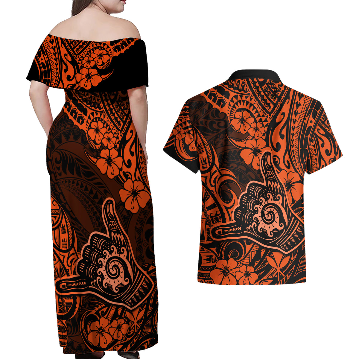 Hawaii Shaka Sign Couples Matching Off Shoulder Maxi Dress and Hawaiian Shirt With Polynesian Hibiscus Orange Unique - Wonder Print Shop