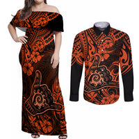 Hawaii Shaka Sign Couples Matching Off Shoulder Maxi Dress and Long Sleeve Button Shirts With Polynesian Hibiscus Orange Unique - Wonder Print Shop