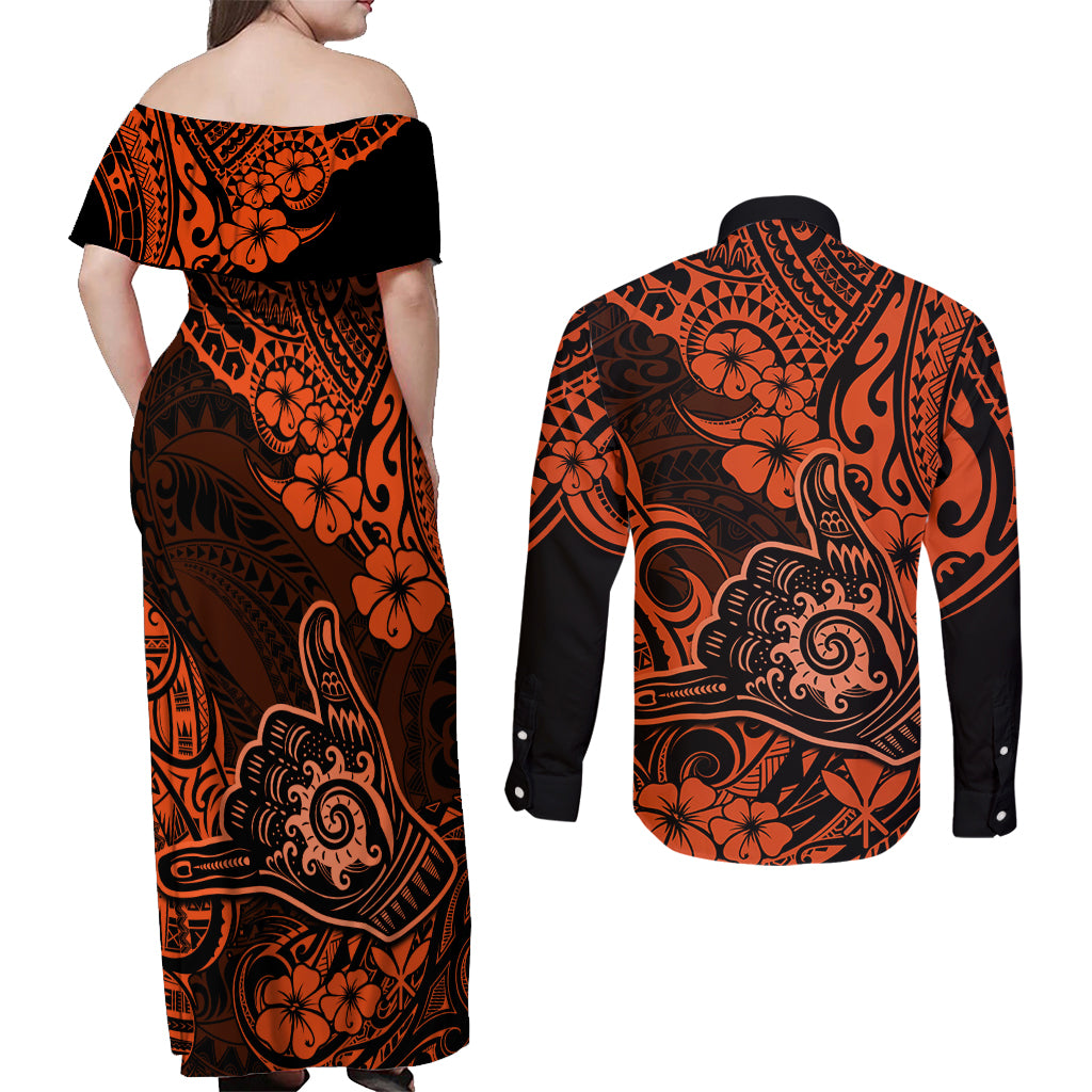 Hawaii Shaka Sign Couples Matching Off Shoulder Maxi Dress and Long Sleeve Button Shirts With Polynesian Hibiscus Orange Unique - Wonder Print Shop