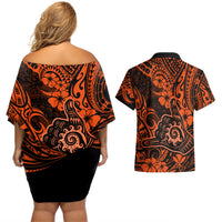 Hawaii Shaka Sign Couples Matching Off Shoulder Short Dress and Hawaiian Shirt With Polynesian Hibiscus Orange Unique - Wonder Print Shop