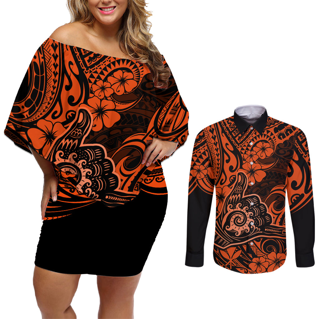 Hawaii Shaka Sign Couples Matching Off Shoulder Short Dress and Long Sleeve Button Shirts With Polynesian Hibiscus Orange Unique - Wonder Print Shop