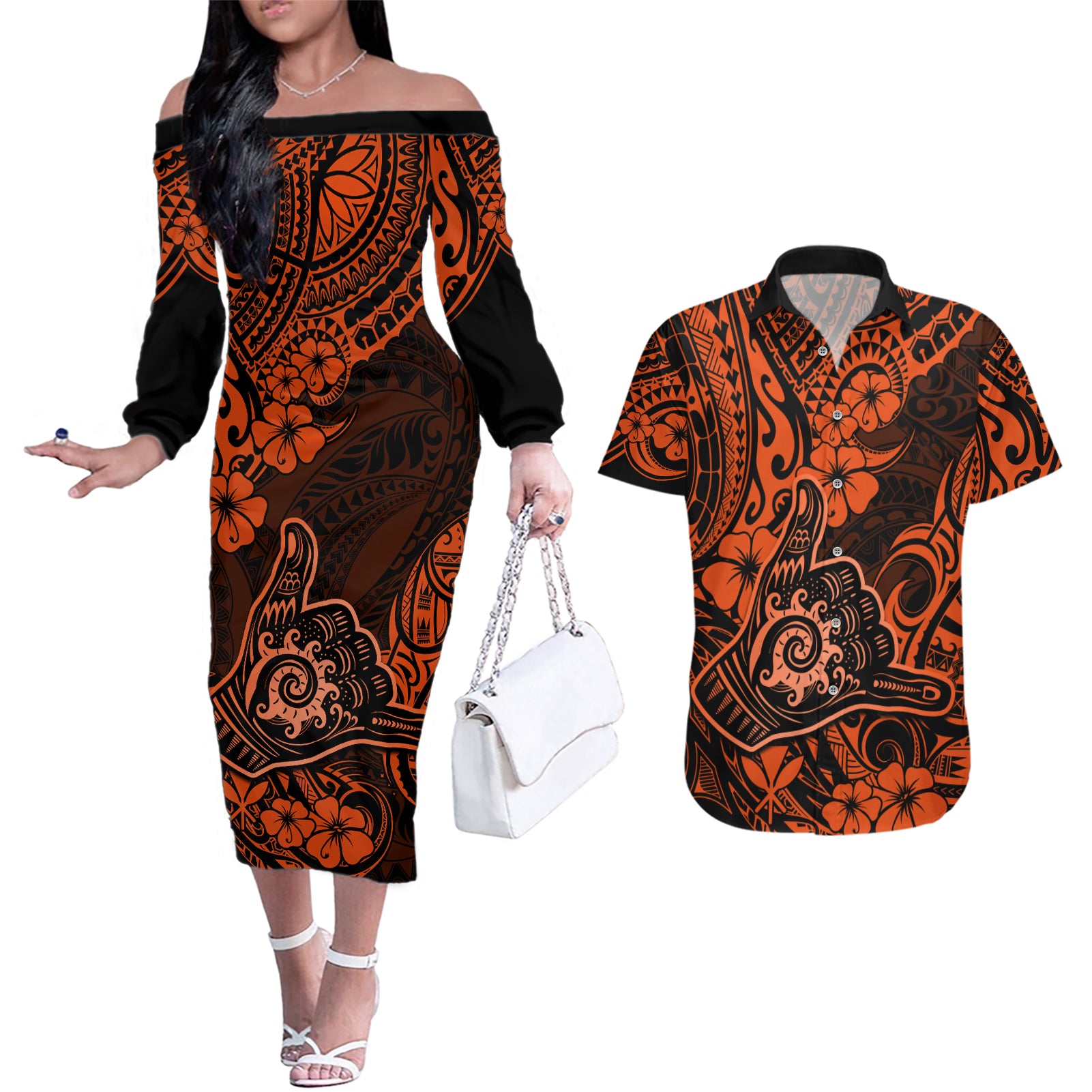 Hawaii Shaka Sign Couples Matching Off The Shoulder Long Sleeve Dress and Hawaiian Shirt With Polynesian Hibiscus Orange Unique - Wonder Print Shop