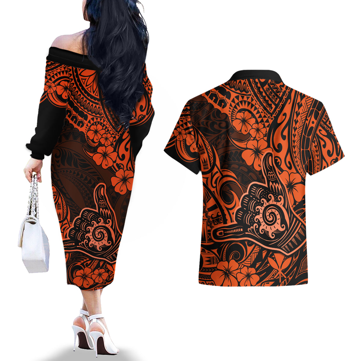 Hawaii Shaka Sign Couples Matching Off The Shoulder Long Sleeve Dress and Hawaiian Shirt With Polynesian Hibiscus Orange Unique - Wonder Print Shop