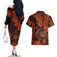 Hawaii Shaka Sign Couples Matching Off The Shoulder Long Sleeve Dress and Hawaiian Shirt With Polynesian Hibiscus Orange Unique - Wonder Print Shop