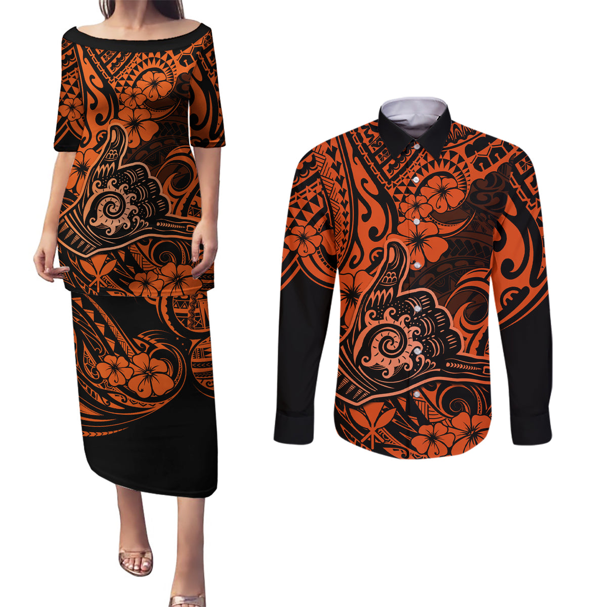 Hawaii Shaka Sign Couples Matching Puletasi Dress and Long Sleeve Button Shirts With Polynesian Hibiscus Orange Unique - Wonder Print Shop
