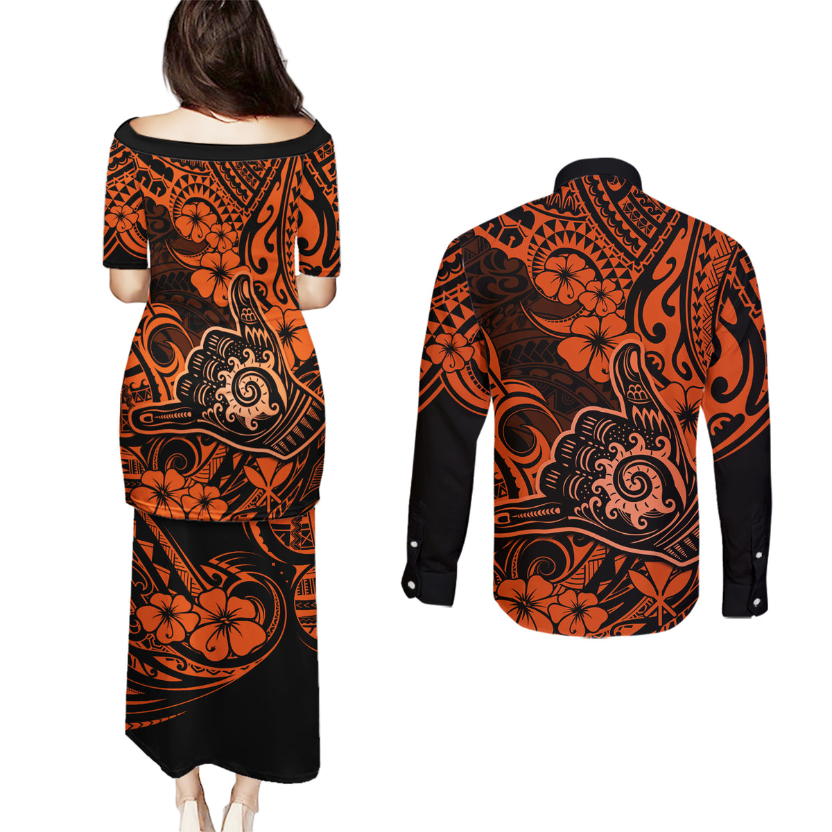 Hawaii Shaka Sign Couples Matching Puletasi Dress and Long Sleeve Button Shirts With Polynesian Hibiscus Orange Unique - Wonder Print Shop