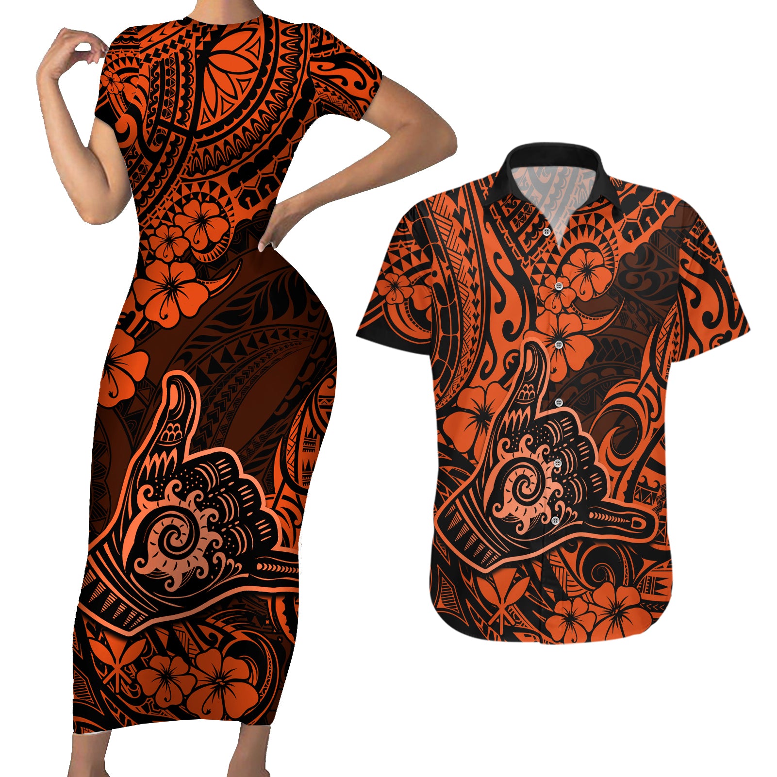 Hawaii Shaka Sign Couples Matching Short Sleeve Bodycon Dress and Hawaiian Shirt With Polynesian Hibiscus Orange Unique - Wonder Print Shop