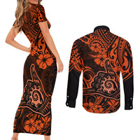 Hawaii Shaka Sign Couples Matching Short Sleeve Bodycon Dress and Long Sleeve Button Shirts With Polynesian Hibiscus Orange Unique - Wonder Print Shop