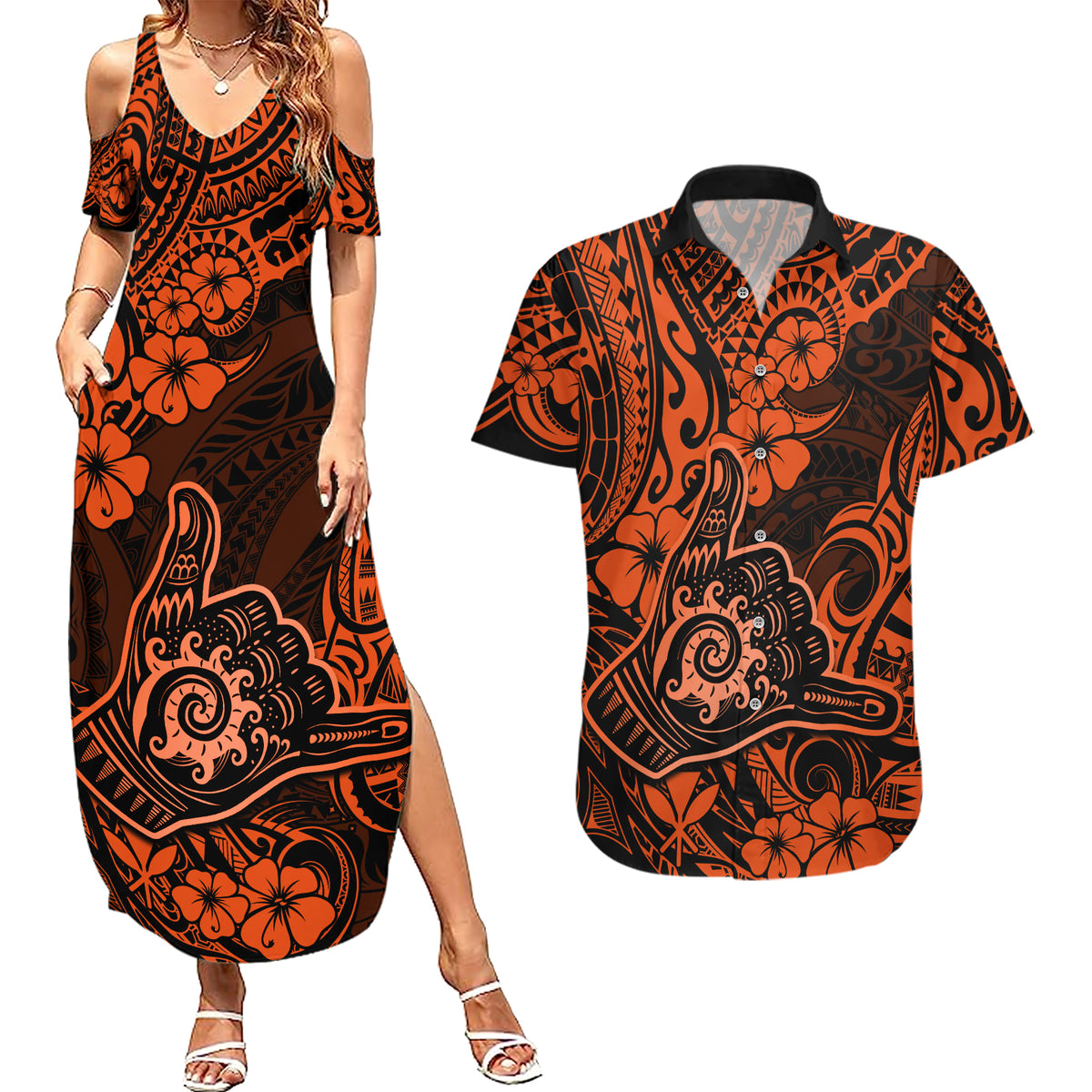 Hawaii Shaka Sign Couples Matching Summer Maxi Dress and Hawaiian Shirt With Polynesian Hibiscus Orange Unique - Wonder Print Shop