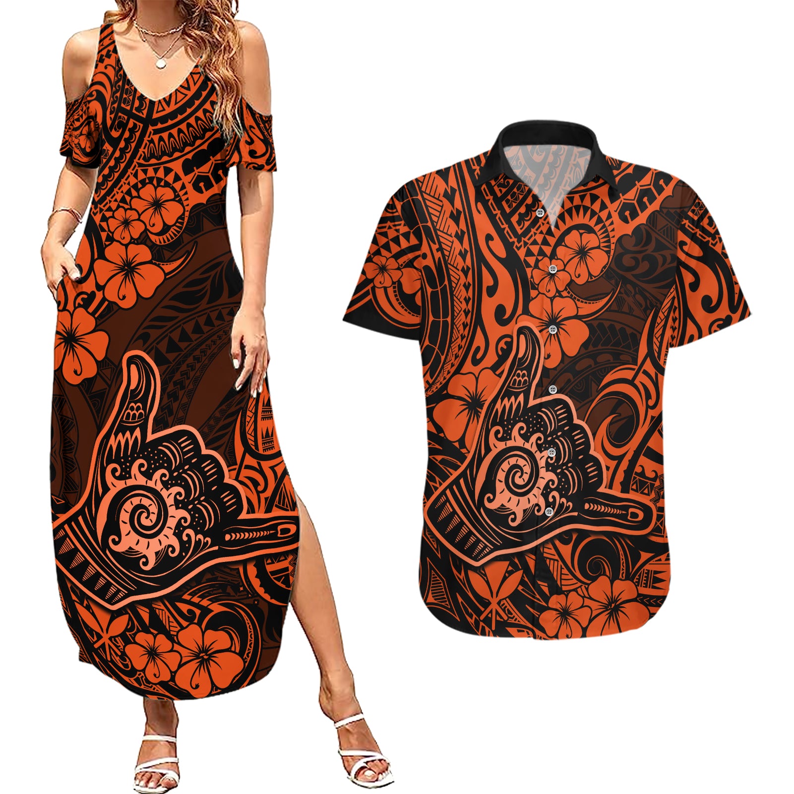 Hawaii Shaka Sign Couples Matching Summer Maxi Dress and Hawaiian Shirt With Polynesian Hibiscus Orange Unique - Wonder Print Shop