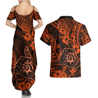 Hawaii Shaka Sign Couples Matching Summer Maxi Dress and Hawaiian Shirt With Polynesian Hibiscus Orange Unique - Wonder Print Shop