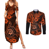 Hawaii Shaka Sign Couples Matching Summer Maxi Dress and Long Sleeve Button Shirts With Polynesian Hibiscus Orange Unique - Wonder Print Shop