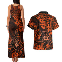 Hawaii Shaka Sign Couples Matching Tank Maxi Dress and Hawaiian Shirt With Polynesian Hibiscus Orange Unique - Wonder Print Shop