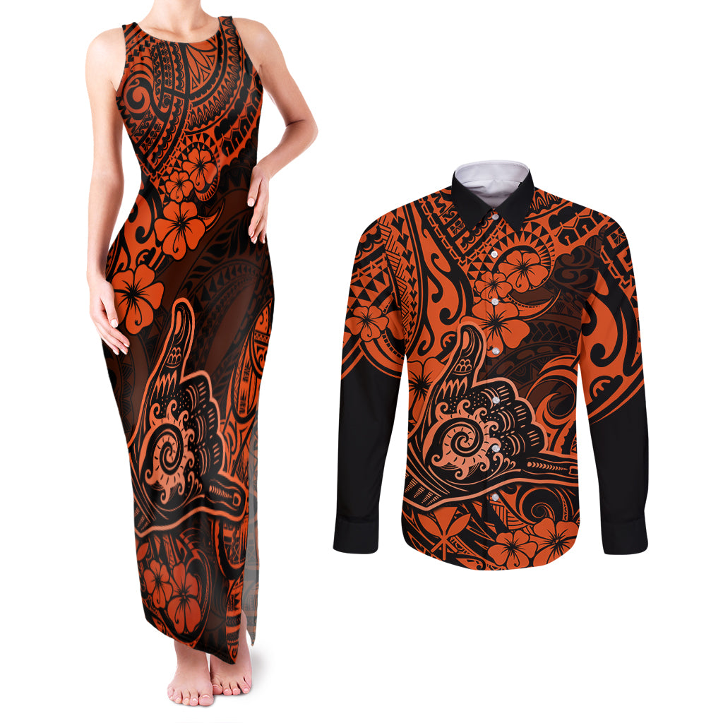 Hawaii Shaka Sign Couples Matching Tank Maxi Dress and Long Sleeve Button Shirts With Polynesian Hibiscus Orange Unique - Wonder Print Shop