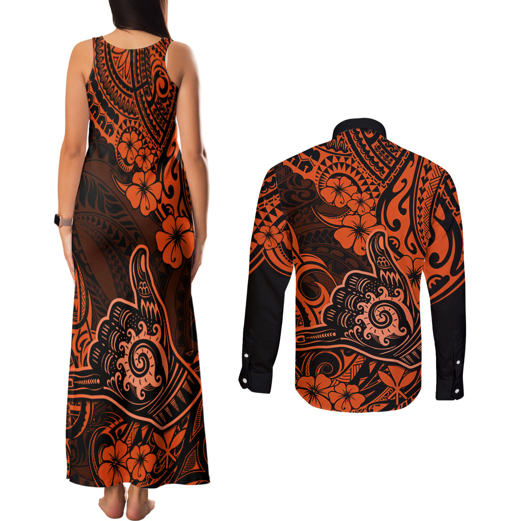Hawaii Shaka Sign Couples Matching Tank Maxi Dress and Long Sleeve Button Shirts With Polynesian Hibiscus Orange Unique - Wonder Print Shop