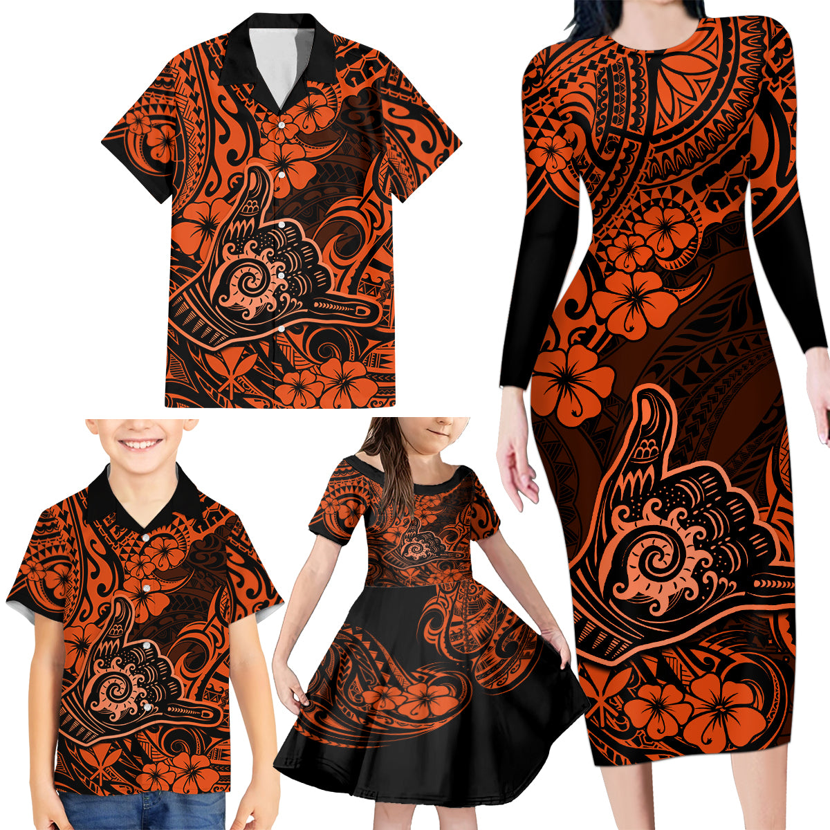Hawaii Shaka Sign Family Matching Long Sleeve Bodycon Dress and Hawaiian Shirt With Polynesian Hibiscus Orange Unique - Wonder Print Shop