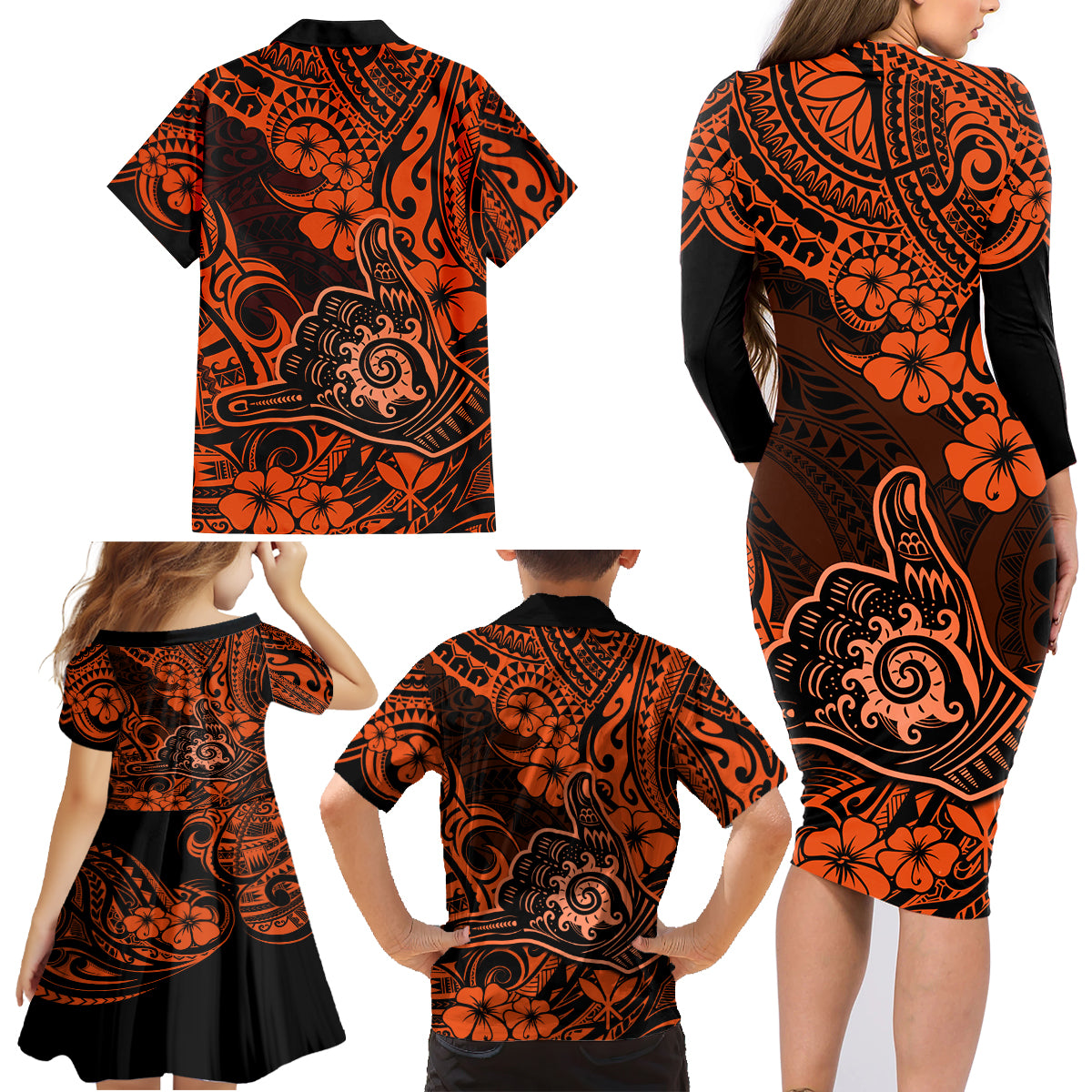 Hawaii Shaka Sign Family Matching Long Sleeve Bodycon Dress and Hawaiian Shirt With Polynesian Hibiscus Orange Unique - Wonder Print Shop