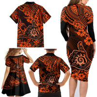 Hawaii Shaka Sign Family Matching Long Sleeve Bodycon Dress and Hawaiian Shirt With Polynesian Hibiscus Orange Unique - Wonder Print Shop
