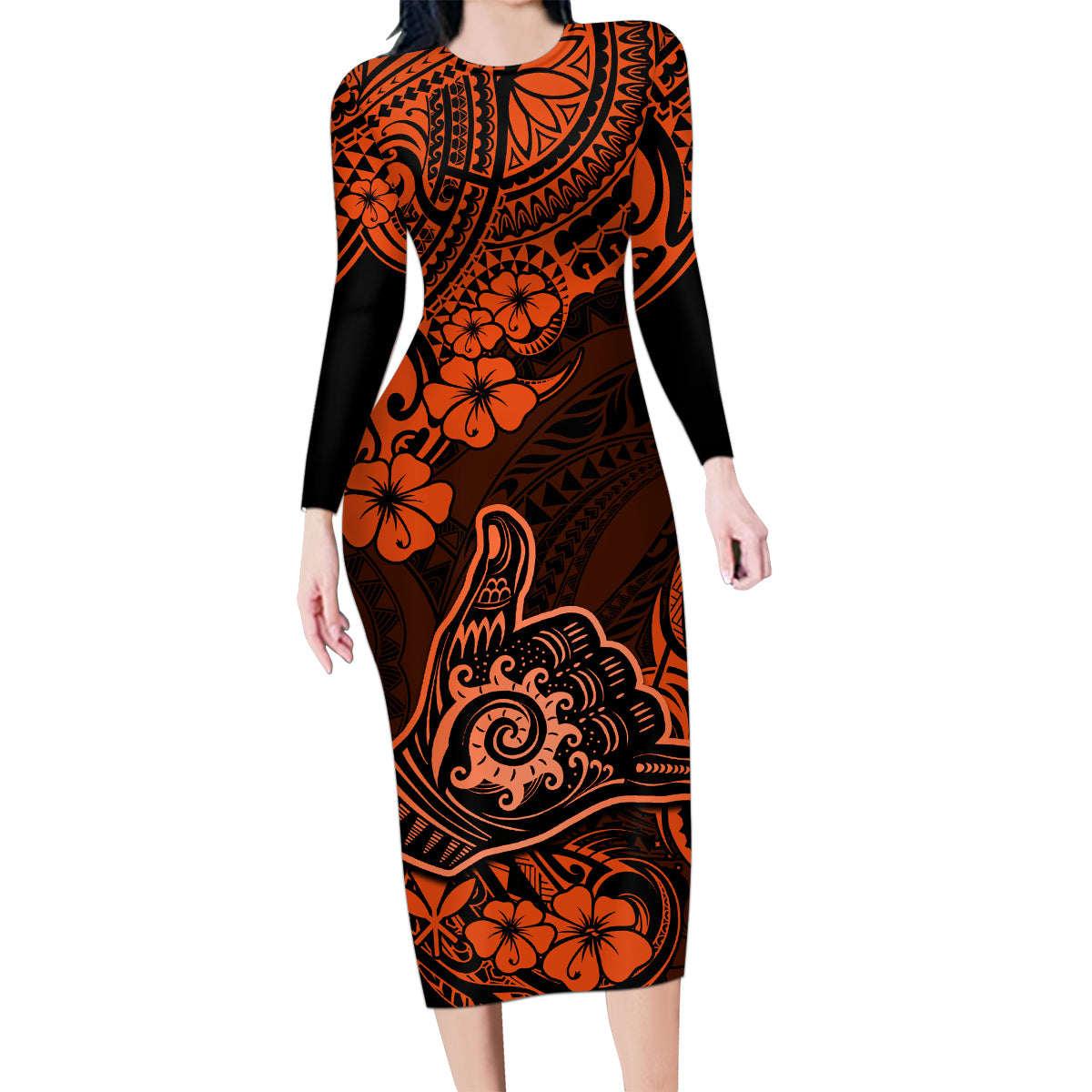 Hawaii Shaka Sign Family Matching Long Sleeve Bodycon Dress and Hawaiian Shirt With Polynesian Hibiscus Orange Unique - Wonder Print Shop