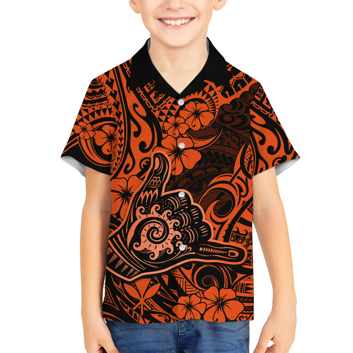 Hawaii Shaka Sign Family Matching Long Sleeve Bodycon Dress and Hawaiian Shirt With Polynesian Hibiscus Orange Unique - Wonder Print Shop