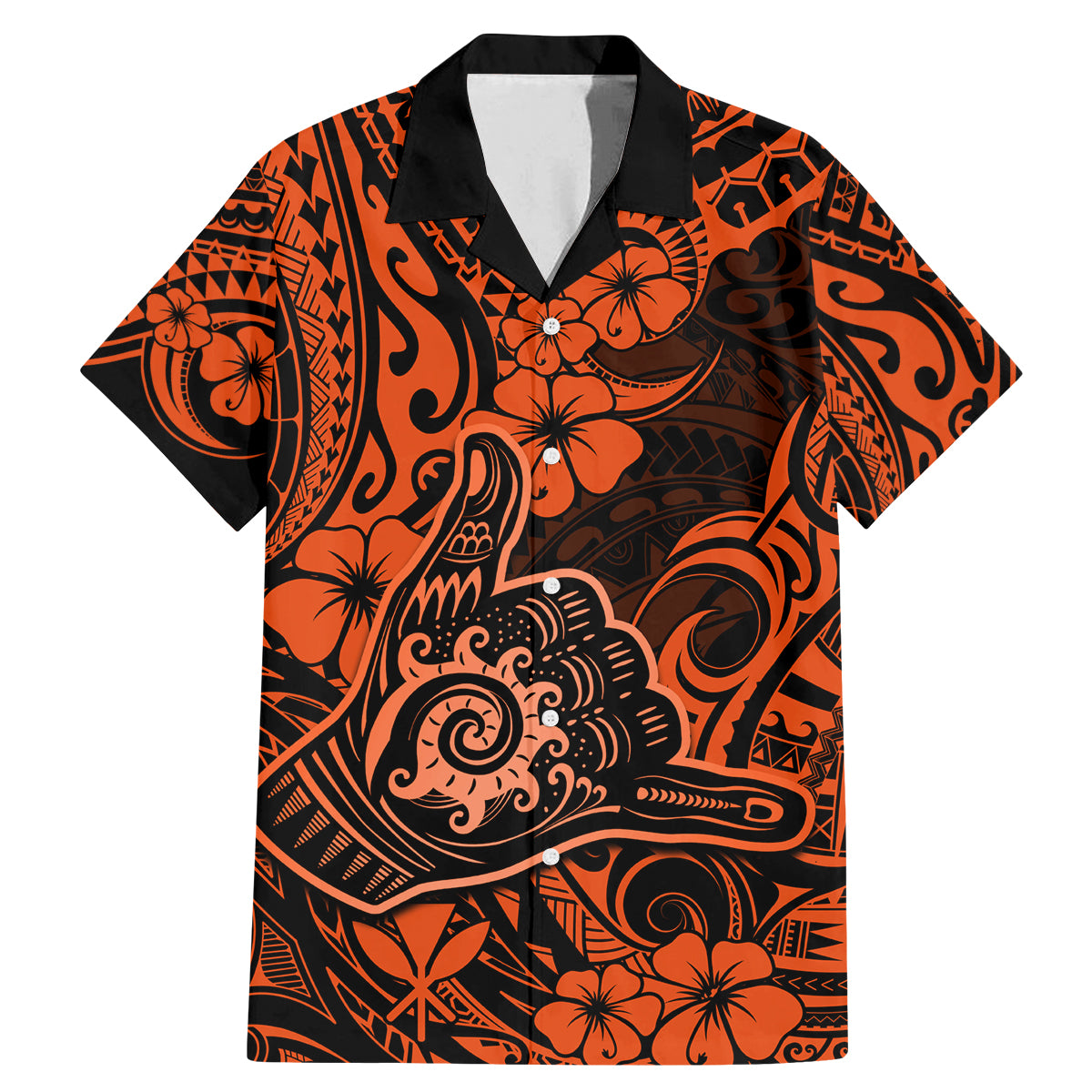 Hawaii Shaka Sign Family Matching Mermaid Dress and Hawaiian Shirt With Polynesian Hibiscus Orange Unique - Wonder Print Shop