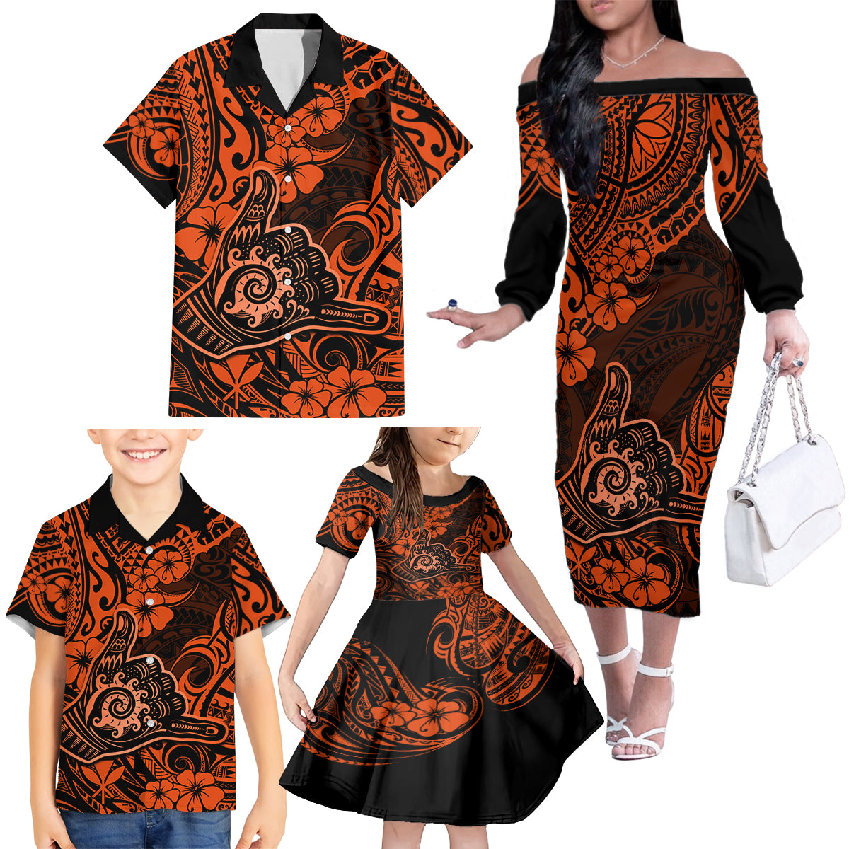 Hawaii Shaka Sign Family Matching Off Shoulder Long Sleeve Dress and Hawaiian Shirt With Polynesian Hibiscus Orange Unique - Wonder Print Shop