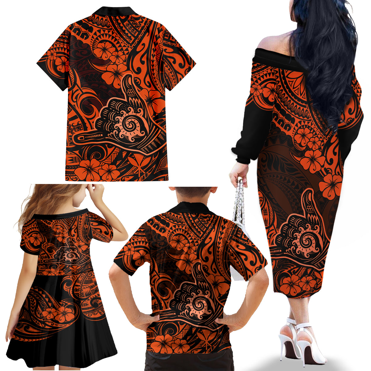 Hawaii Shaka Sign Family Matching Off Shoulder Long Sleeve Dress and Hawaiian Shirt With Polynesian Hibiscus Orange Unique - Wonder Print Shop