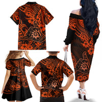 Hawaii Shaka Sign Family Matching Off Shoulder Long Sleeve Dress and Hawaiian Shirt With Polynesian Hibiscus Orange Unique - Wonder Print Shop