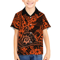 Hawaii Shaka Sign Family Matching Off Shoulder Long Sleeve Dress and Hawaiian Shirt With Polynesian Hibiscus Orange Unique - Wonder Print Shop