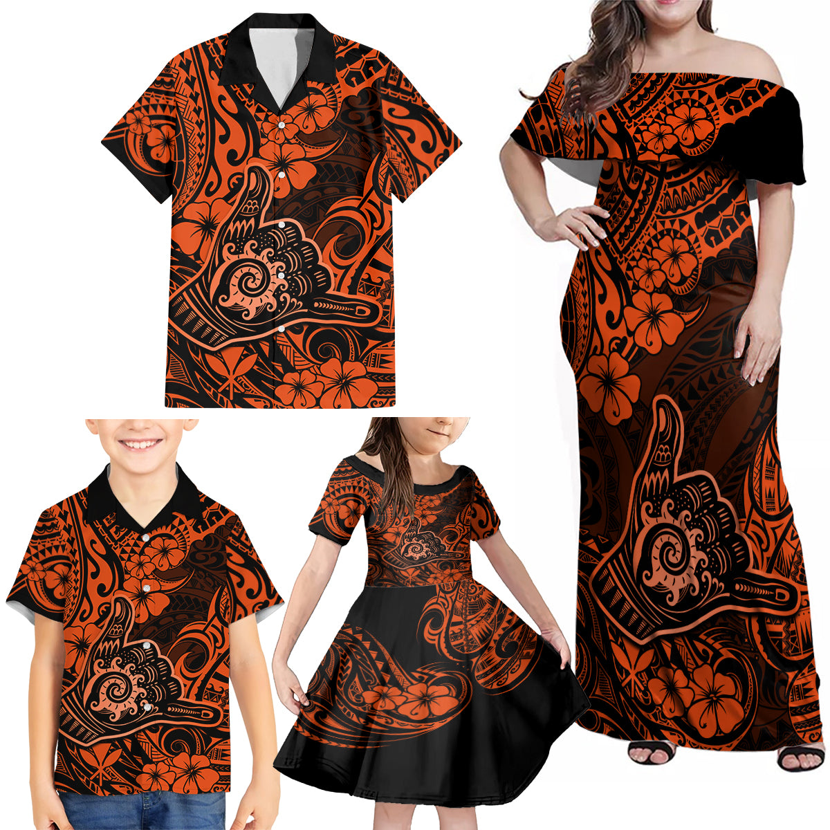 Hawaii Shaka Sign Family Matching Off Shoulder Maxi Dress and Hawaiian Shirt With Polynesian Hibiscus Orange Unique - Wonder Print Shop