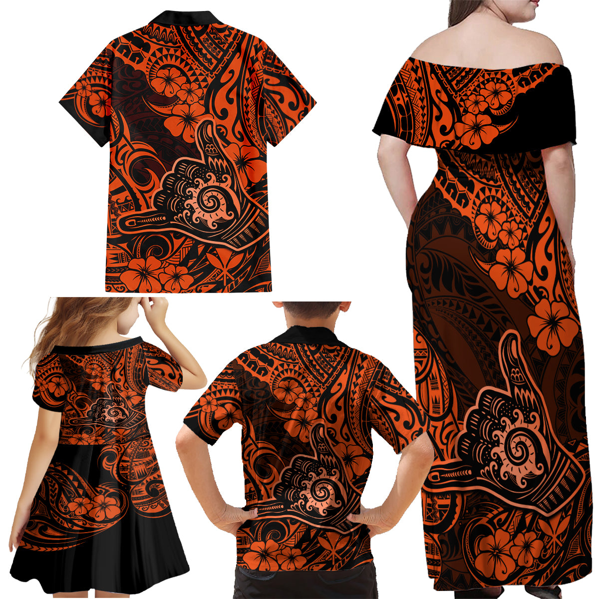 Hawaii Shaka Sign Family Matching Off Shoulder Maxi Dress and Hawaiian Shirt With Polynesian Hibiscus Orange Unique - Wonder Print Shop