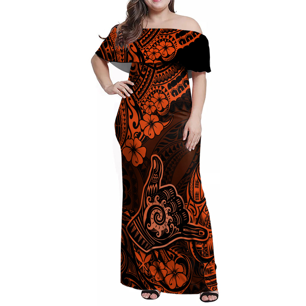 Hawaii Shaka Sign Family Matching Off Shoulder Maxi Dress and Hawaiian Shirt With Polynesian Hibiscus Orange Unique - Wonder Print Shop