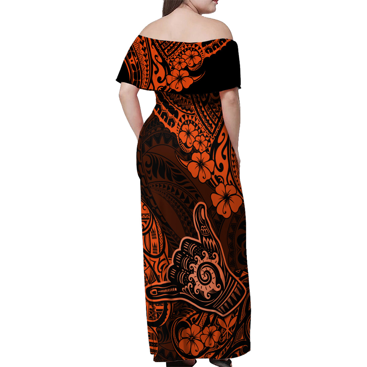 Hawaii Shaka Sign Family Matching Off Shoulder Maxi Dress and Hawaiian Shirt With Polynesian Hibiscus Orange Unique - Wonder Print Shop