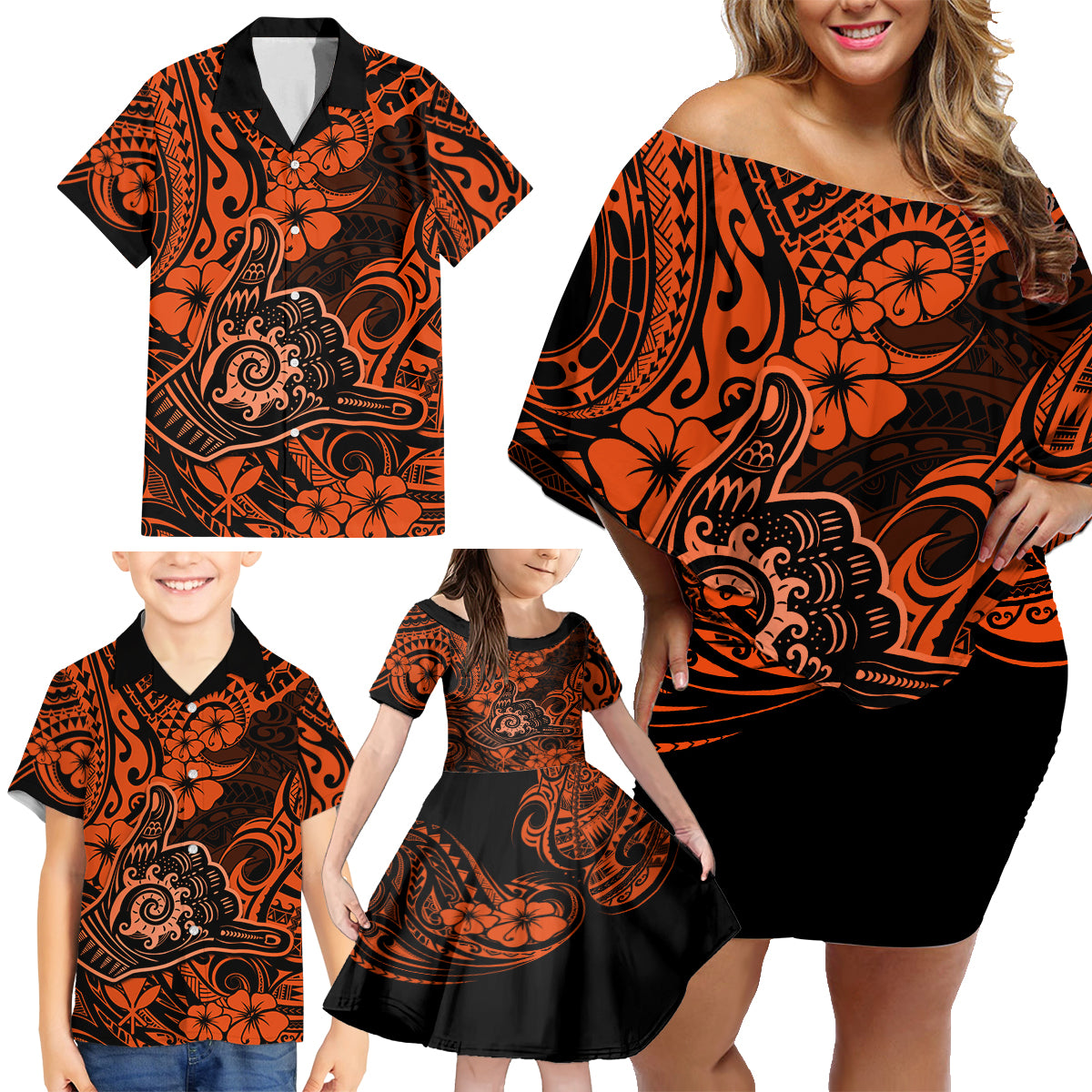 Hawaii Shaka Sign Family Matching Off Shoulder Short Dress and Hawaiian Shirt With Polynesian Hibiscus Orange Unique - Wonder Print Shop