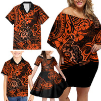Hawaii Shaka Sign Family Matching Off Shoulder Short Dress and Hawaiian Shirt With Polynesian Hibiscus Orange Unique - Wonder Print Shop