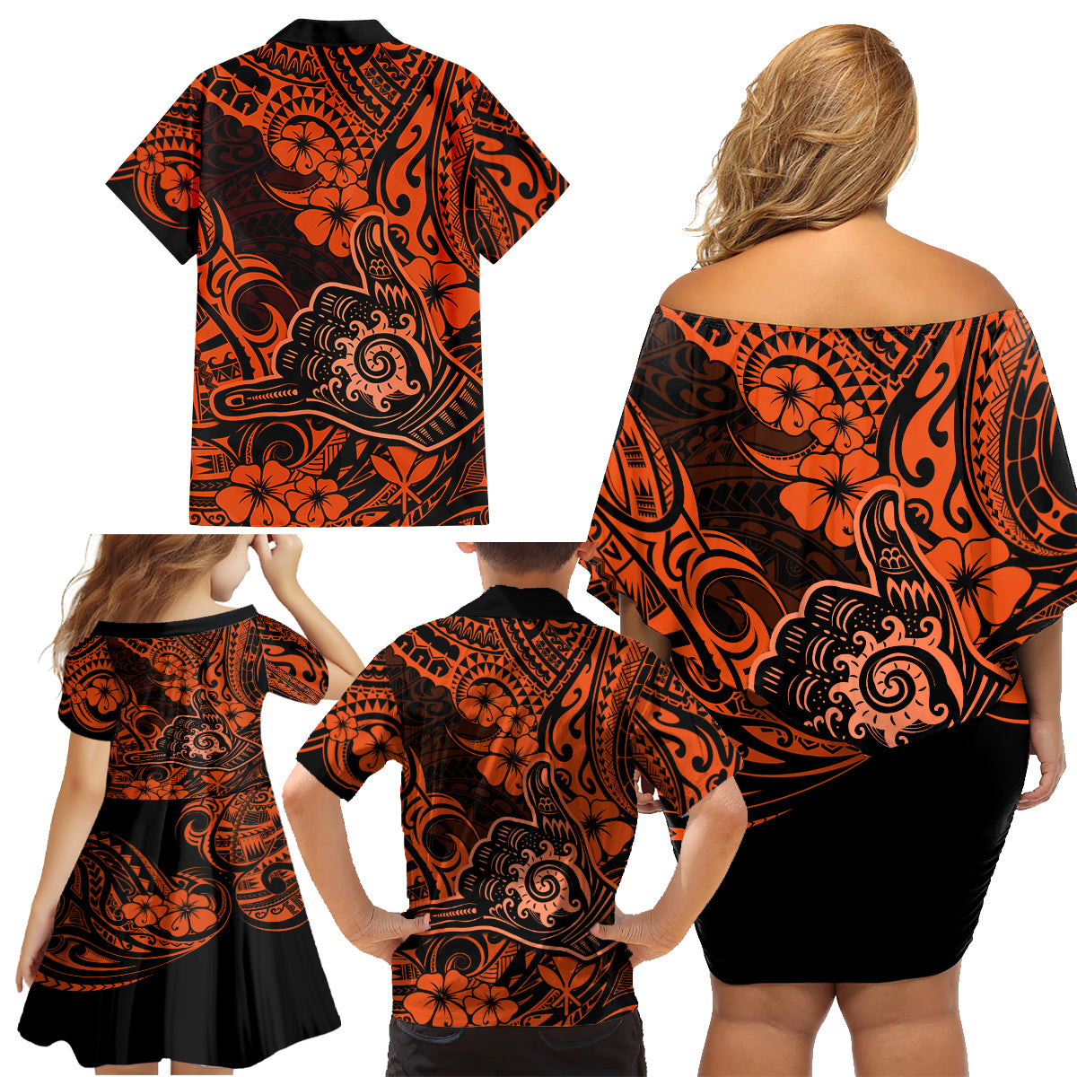 Hawaii Shaka Sign Family Matching Off Shoulder Short Dress and Hawaiian Shirt With Polynesian Hibiscus Orange Unique - Wonder Print Shop