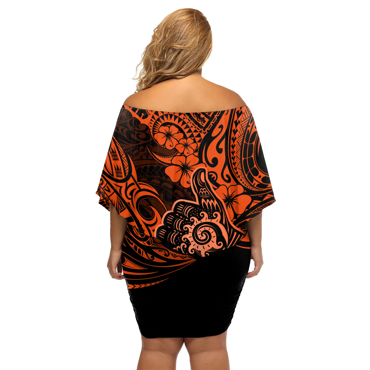 Hawaii Shaka Sign Family Matching Off Shoulder Short Dress and Hawaiian Shirt With Polynesian Hibiscus Orange Unique - Wonder Print Shop