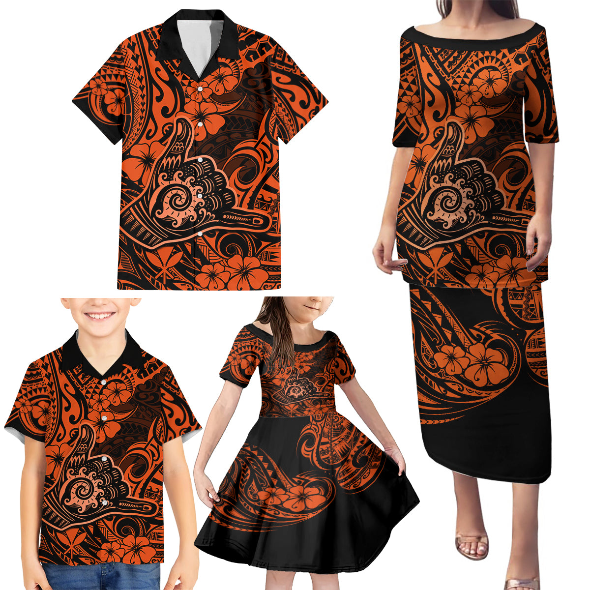 Hawaii Shaka Sign Family Matching Puletasi Dress and Hawaiian Shirt With Polynesian Hibiscus Orange Unique - Wonder Print Shop