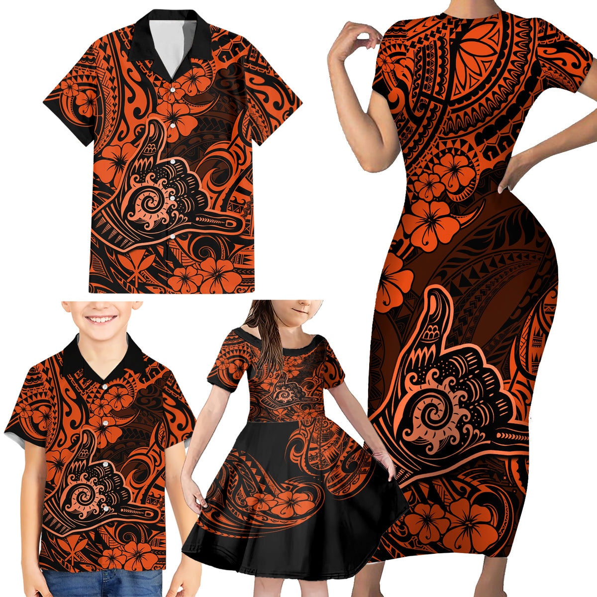 Hawaii Shaka Sign Family Matching Short Sleeve Bodycon Dress and Hawaiian Shirt With Polynesian Hibiscus Orange Unique - Wonder Print Shop