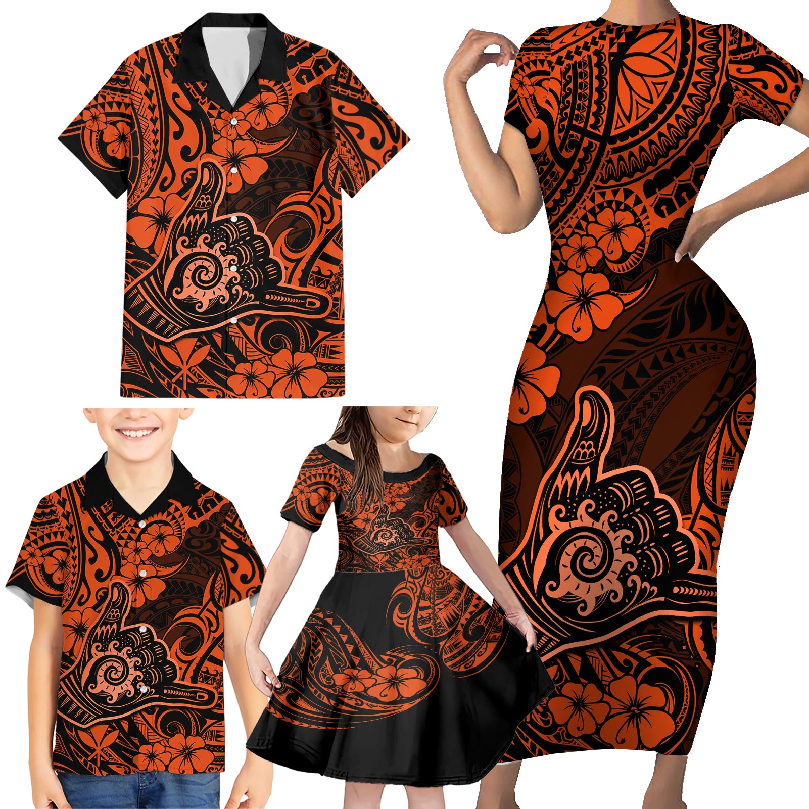Hawaii Shaka Sign Family Matching Short Sleeve Bodycon Dress and Hawaiian Shirt With Polynesian Hibiscus Orange Unique - Wonder Print Shop