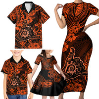 Hawaii Shaka Sign Family Matching Short Sleeve Bodycon Dress and Hawaiian Shirt With Polynesian Hibiscus Orange Unique - Wonder Print Shop
