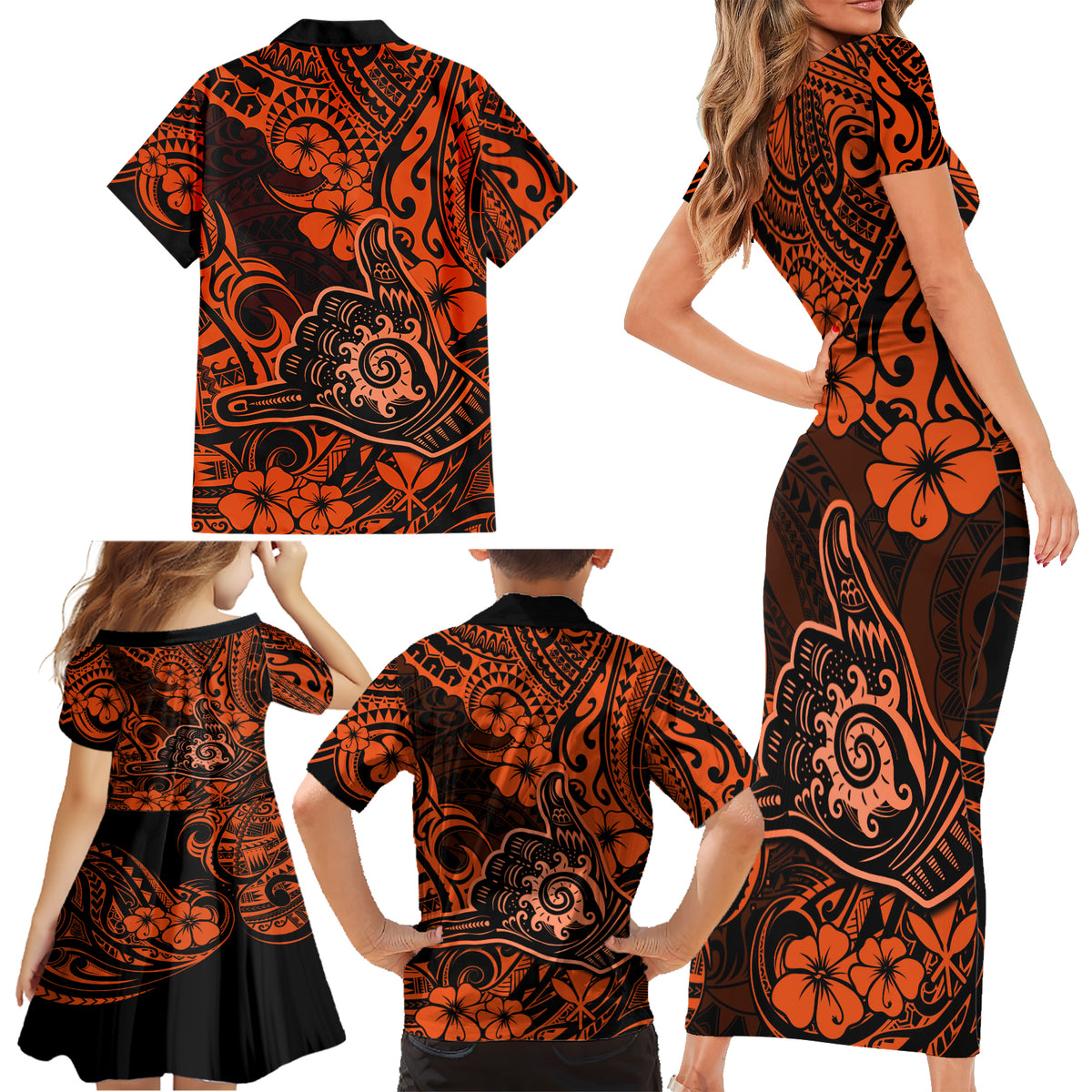Hawaii Shaka Sign Family Matching Short Sleeve Bodycon Dress and Hawaiian Shirt With Polynesian Hibiscus Orange Unique - Wonder Print Shop