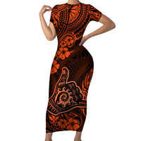 Hawaii Shaka Sign Family Matching Short Sleeve Bodycon Dress and Hawaiian Shirt With Polynesian Hibiscus Orange Unique - Wonder Print Shop