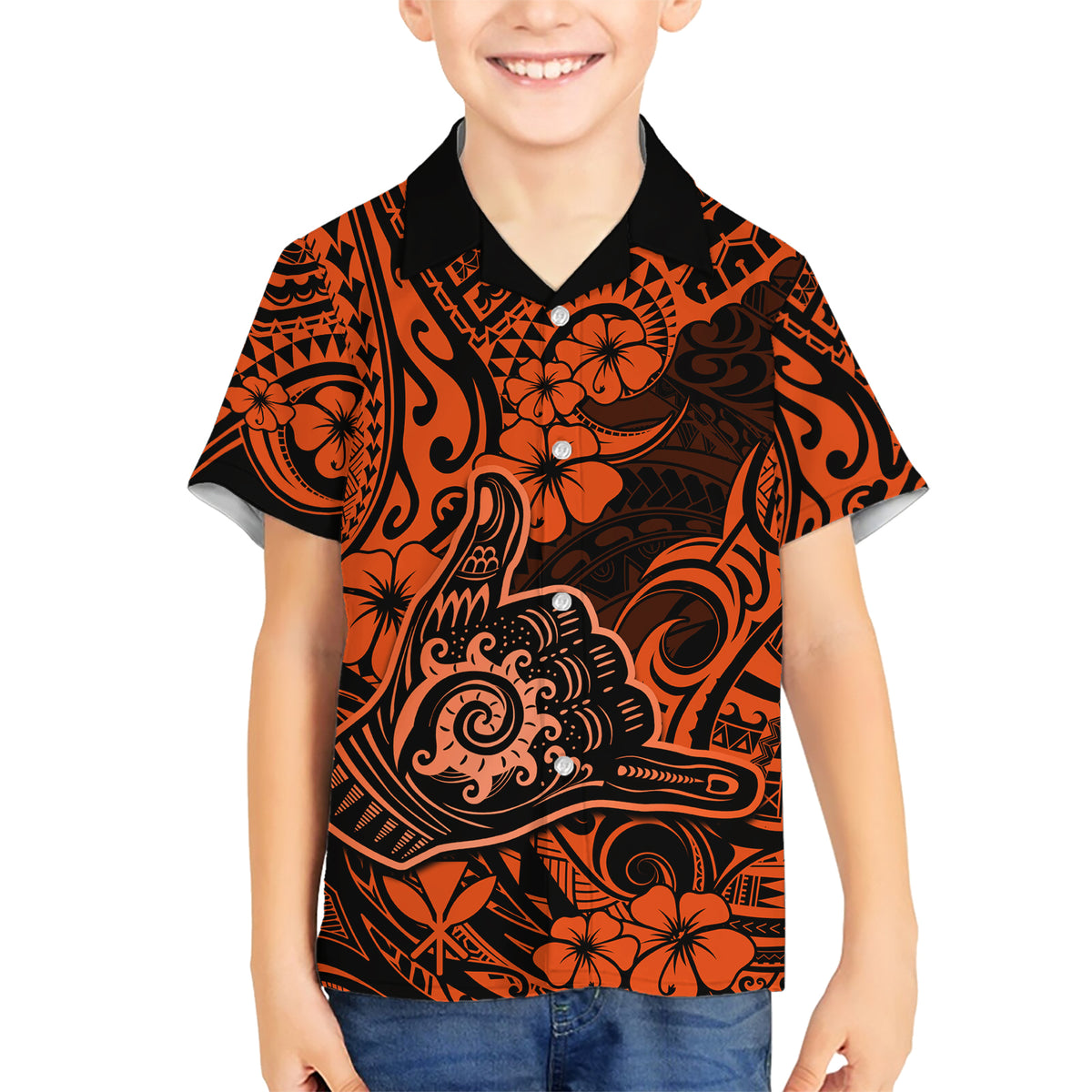 Hawaii Shaka Sign Family Matching Short Sleeve Bodycon Dress and Hawaiian Shirt With Polynesian Hibiscus Orange Unique - Wonder Print Shop