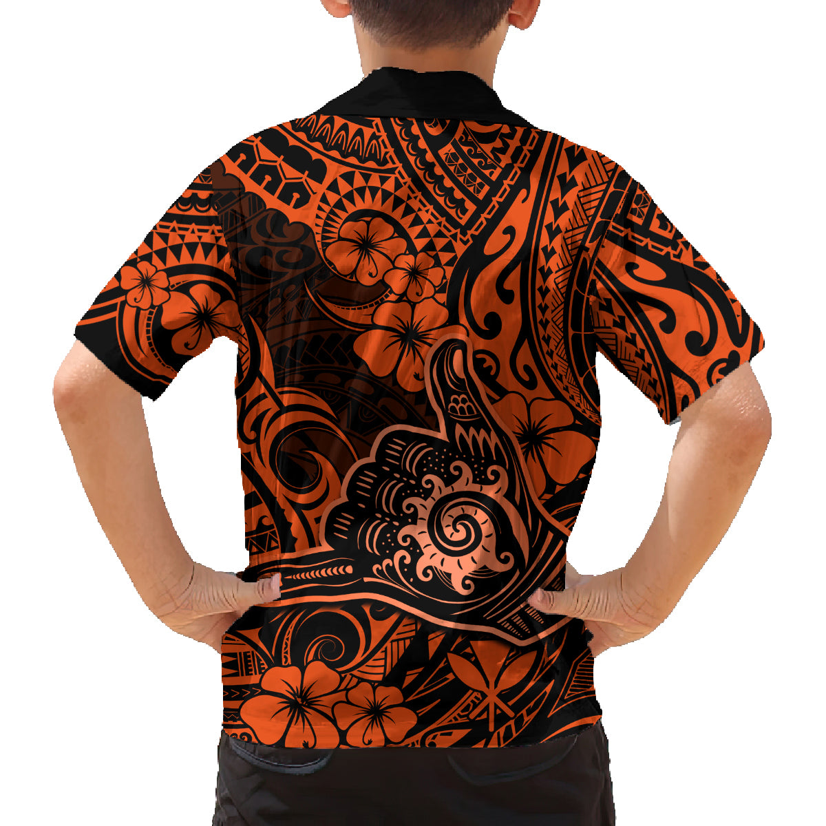 Hawaii Shaka Sign Family Matching Summer Maxi Dress and Hawaiian Shirt With Polynesian Hibiscus Orange Unique - Wonder Print Shop
