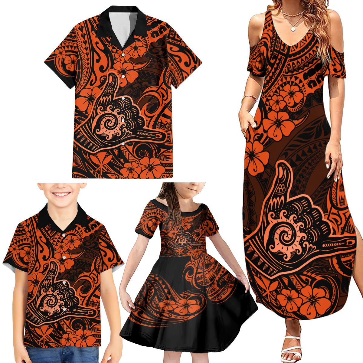 Hawaii Shaka Sign Family Matching Summer Maxi Dress and Hawaiian Shirt With Polynesian Hibiscus Orange Unique - Wonder Print Shop