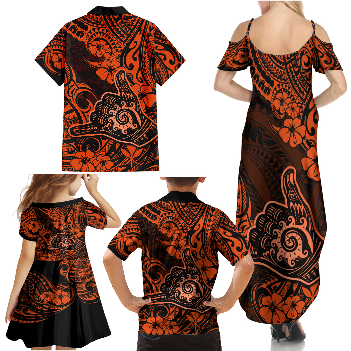 Hawaii Shaka Sign Family Matching Summer Maxi Dress and Hawaiian Shirt With Polynesian Hibiscus Orange Unique - Wonder Print Shop